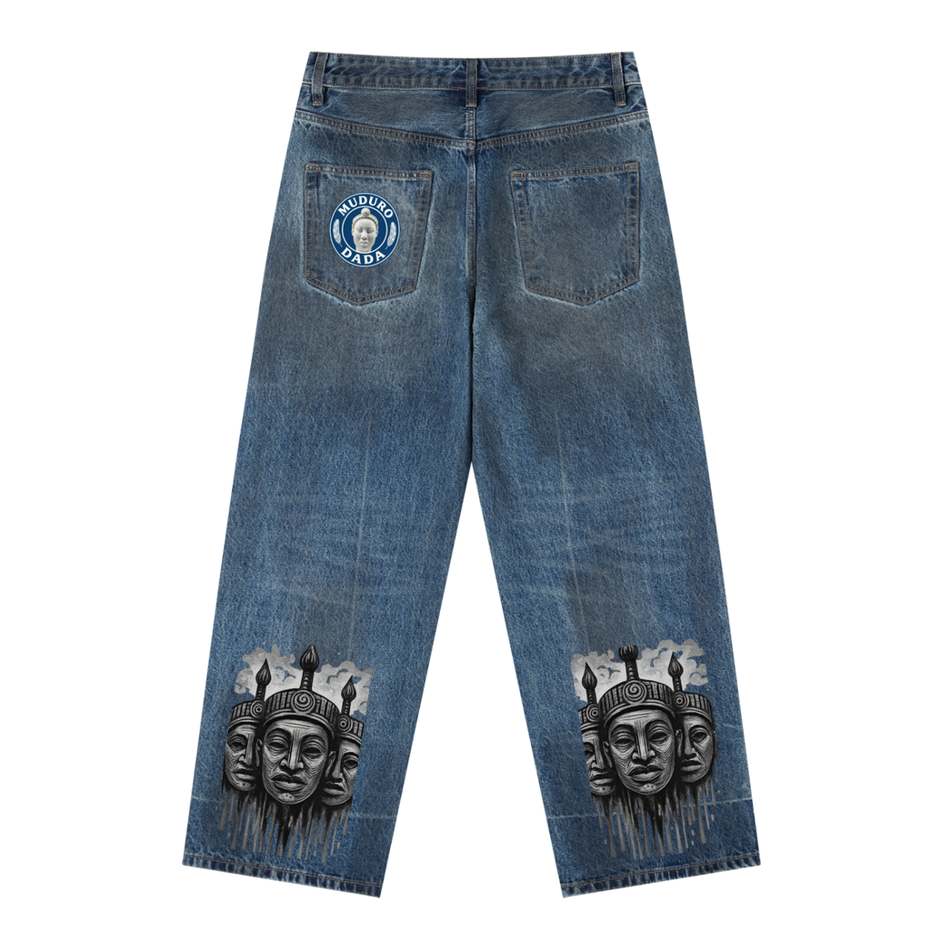 Blue jeans with artistic designs on a white background